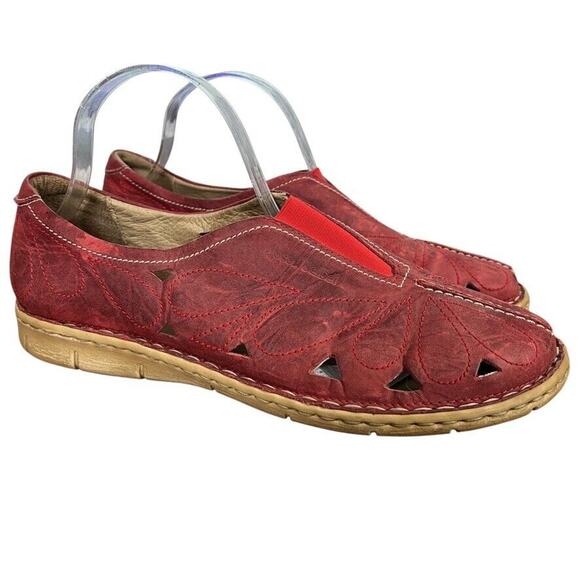 Josef Seibel Womens Red Leather Flats Slip On Cut Outs Loafers Shoes 41 10 10.5 - Picture 1 of 16